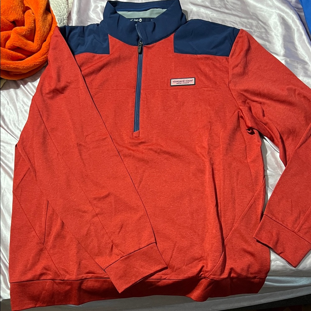 Vineyard Vines Men's Red and Navy Zip-Up Sweater